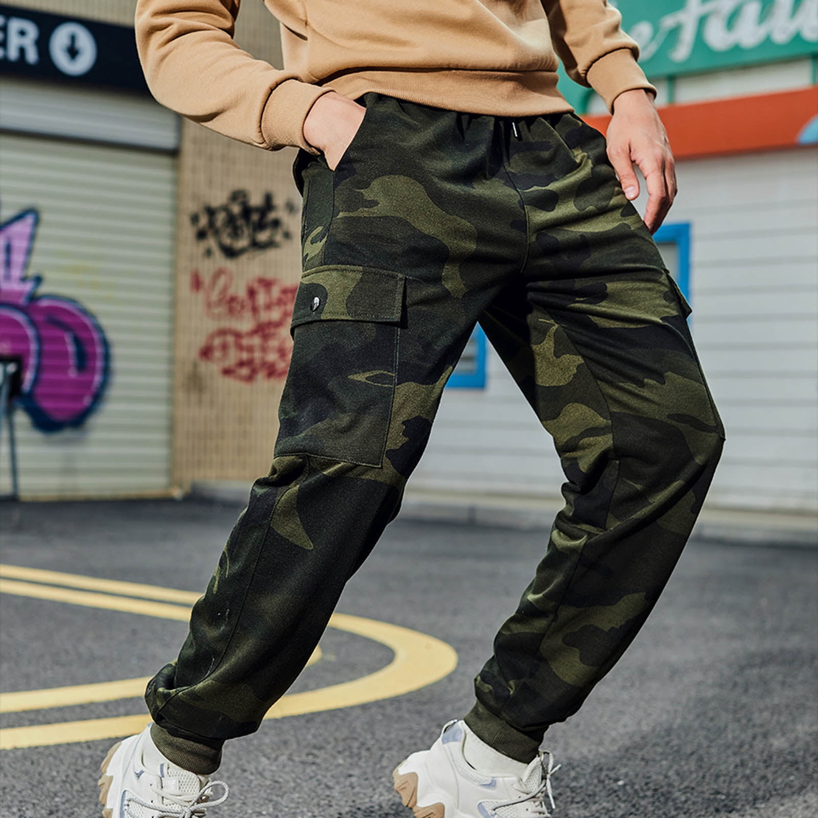 cYkl Men Pants Solid Color Camouflage 