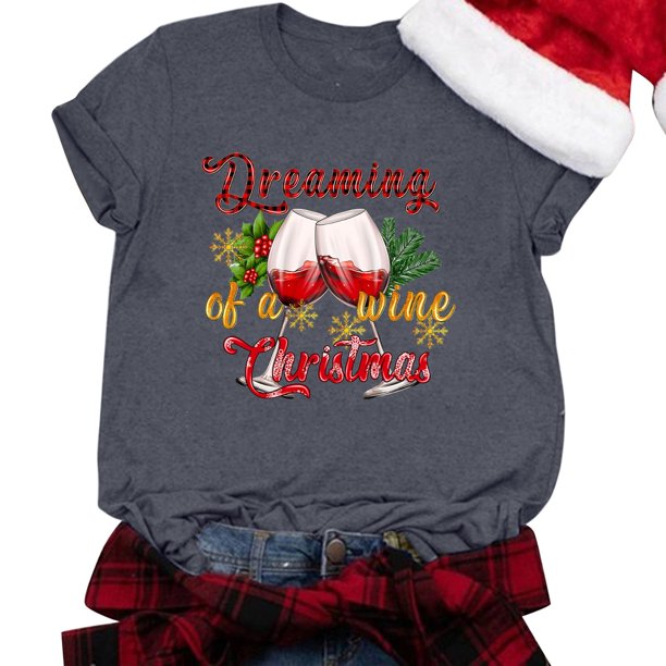 Gibobby Camisa navideña mujer Camisetas sin mangas con cuello redondo y estampado navideño para mujer, camisetas de manga corta para uso diario(Gris,XG)
