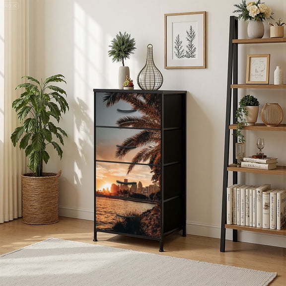 4 Drawer Vertical Storage Dresser gold sunset miami with Wood Top Fabric Pull Drawers