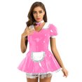 thumbnail image 3 of Vestido de sirvienta de charol para mujer, uniforme acampanado para cosplay, con diadema de encaje, delantal de encaje con volantes, vestido de corte A con mangas abullonadas, 3 of 5