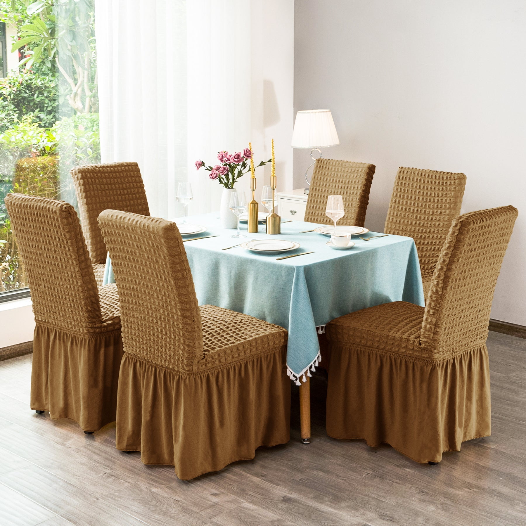 Subrtex Elegant Ruffle Skirt Stretch 2-Piece Polyester Jacquard Dining Chair Slipcovers, Almond