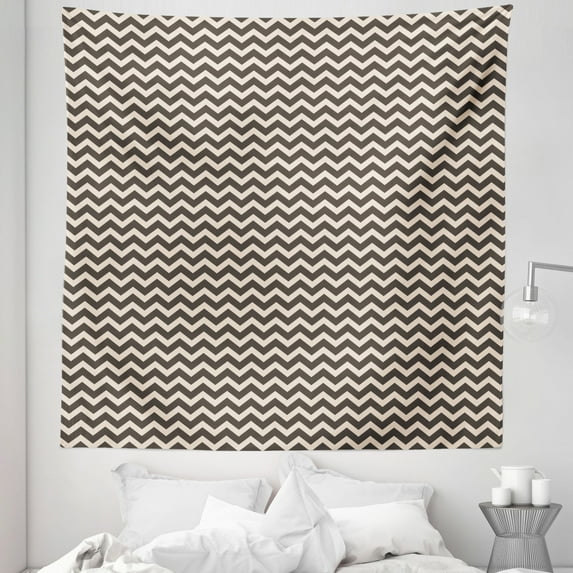 Chevron Tapestry, Simplistic Zigzags Abstract Pattern Illustration in Creative Earthy Tones, Fabric Wall Hanging Decor for Bedroom Living Room Dorm, 5 Sizes, Dark Taupe Champagne, by Ambesonne