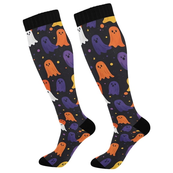 FORMRS Womens Knee High Socks Casual Long Thick Travel Daily Wear, 1 Pair, Halloween Colorful Ghosts