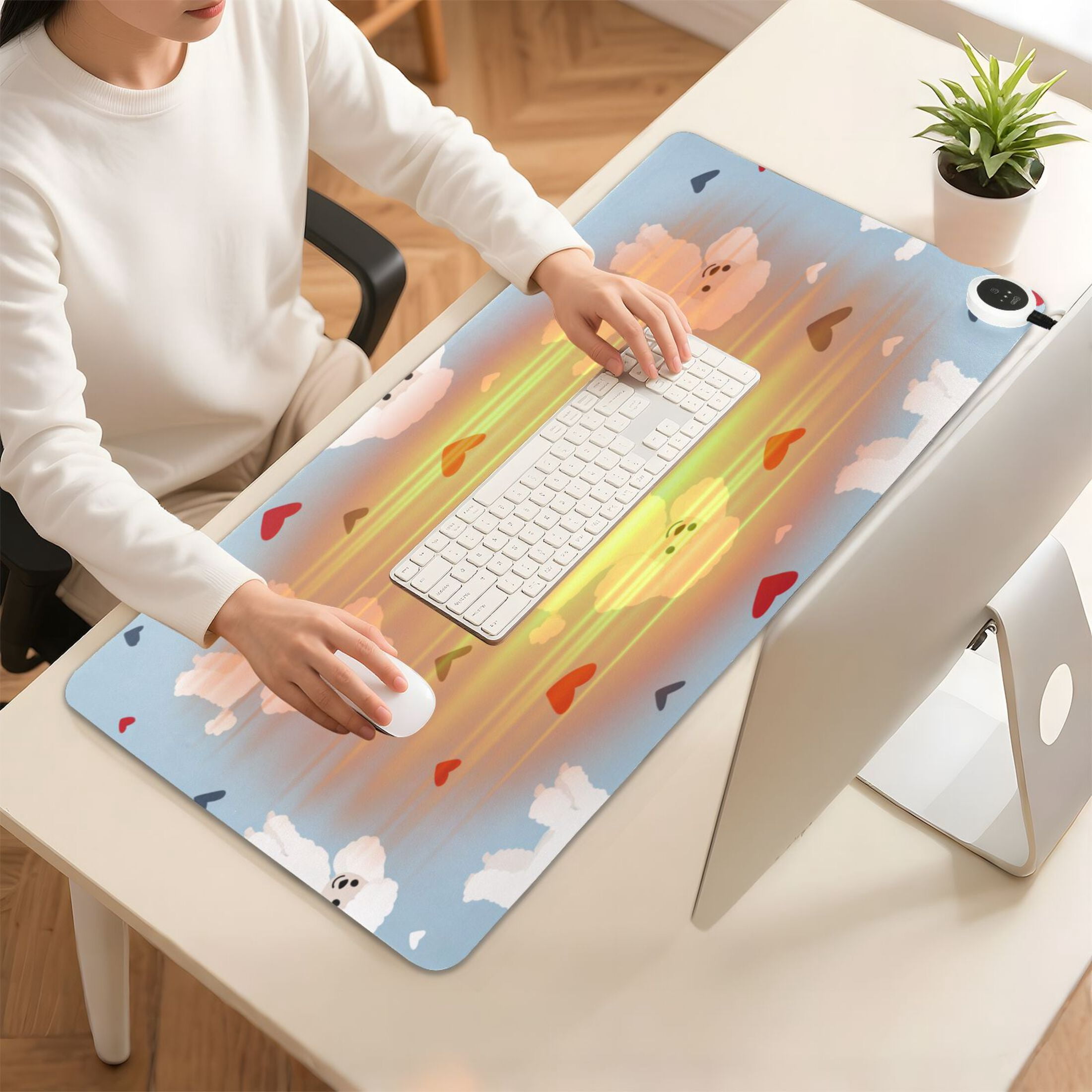 Large Heated Desk Mat Mouse Pad 31.5"x13"PU Leather Graphene Heating Desk Warmer with 3 Temperature Settings 110V US Plug Non-Slip Warm Pad for Home, Office, and Gaming Cute Sweet Poodle Hearts