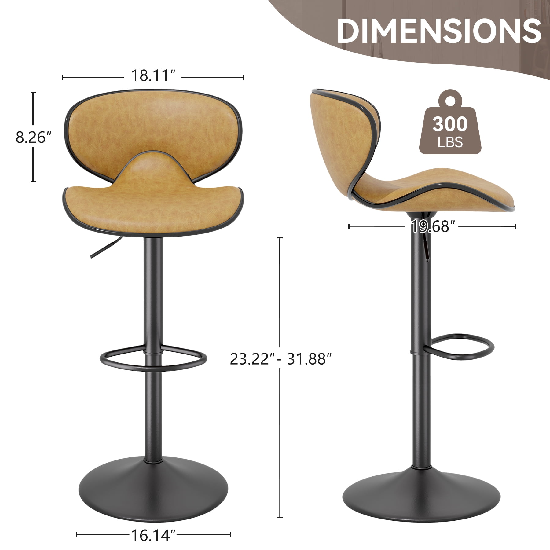 Hawsaiy Adjustable Swivel Bar Stools Set of 2 with Back and Footrest, Faux Leather Counter Height Kitchen Stools, Modern Bar Chairs for Island and Home Bar, Yellow