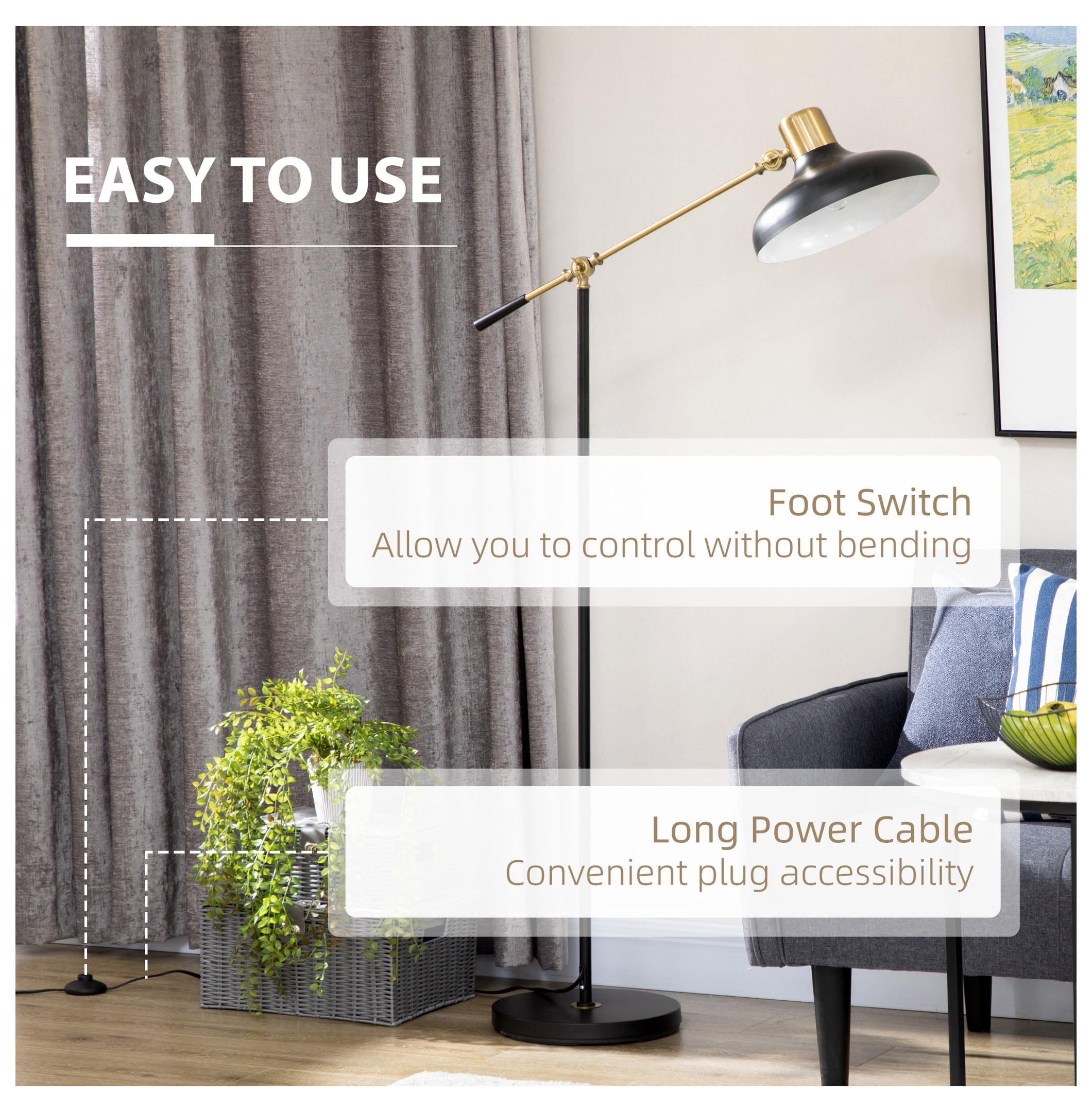 Adjustable Floor Lamps for Living Room, Standing Lamp for Bedroom with Balance Arm, Adjustable Head and Height, Tall Black and Gold Lamp (Bulb not Included)
