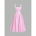 thumbnail image 2 of Pink Gingham Square Neck Flared Midi Dress With Bow Waist, 2 of 5
