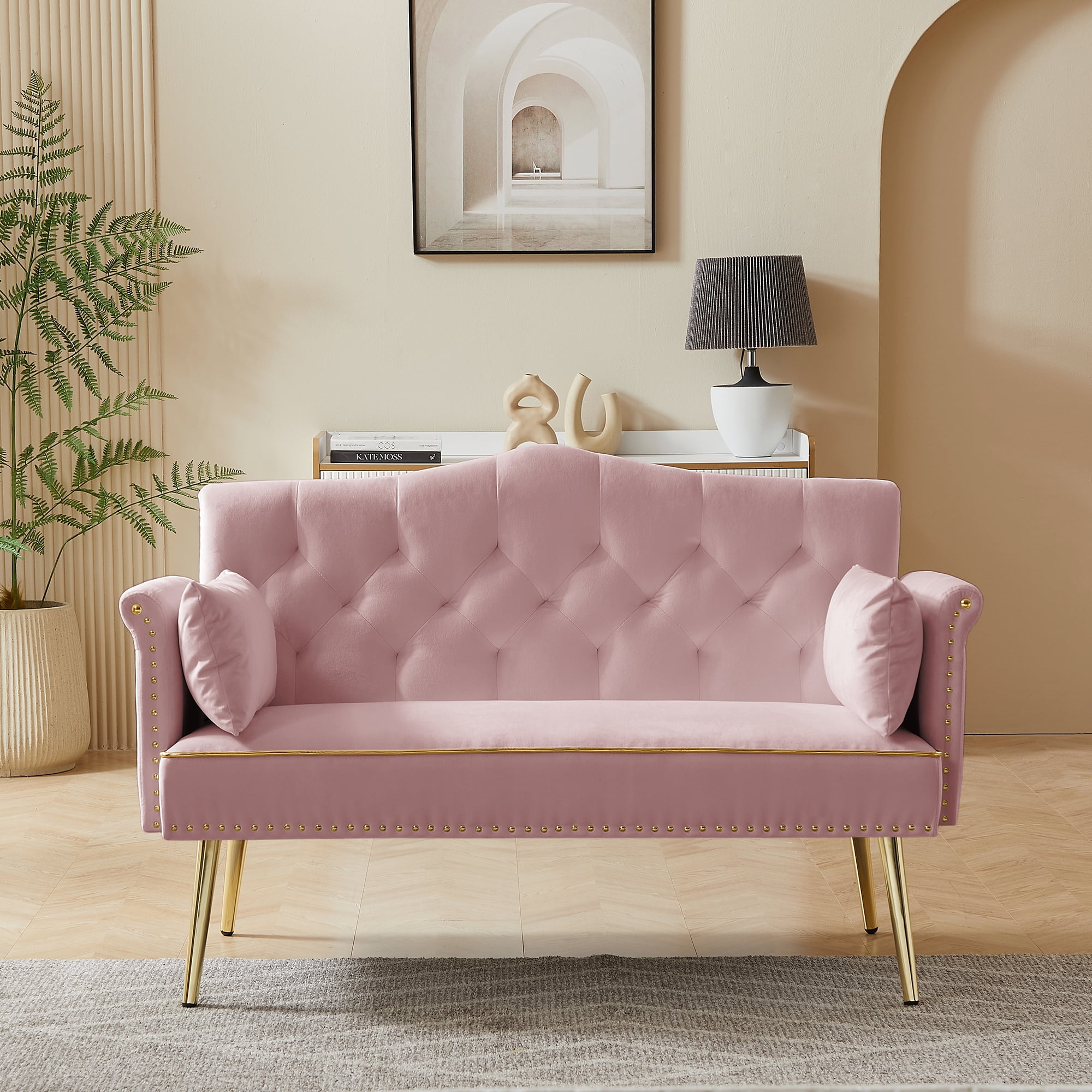 Modern 2 Seater Velvet Sofa, Button Tufted Small Couch Loveseat with Nailhead Trim and Pillows for Living Room Bedroom Apartment