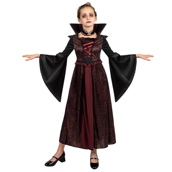 Tisuna Halloween Stage Dresses For Girls Cartoon Print Long Sleeve Stand Collar Party Dress Trendy Kids Festival Theme Performance Long Dress Size 3-4 Years Red