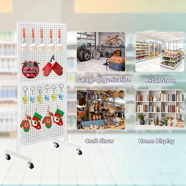 Kojooin Metal Pegboard Display Stand with Wheels, Adjustable Height Floor Display Rack with T-Base and Hooks