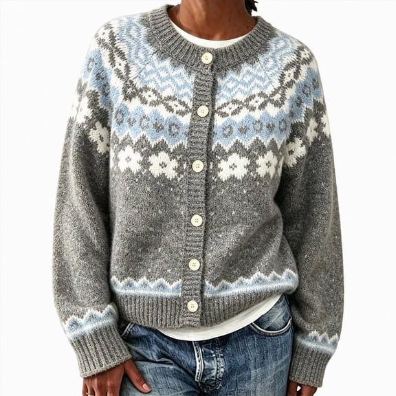 felwors Womens Fair Isle Sweater Button Up Long Sleeve Cardigans Crew Neck Open Front Knit Vintage Sweater Coats Grey for Size L