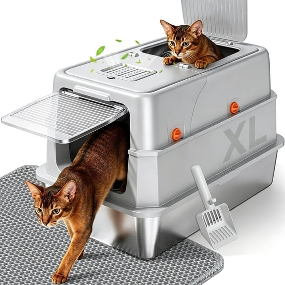 XL Enclosed Stainless Steel Litter Box with Lid, Light Gray