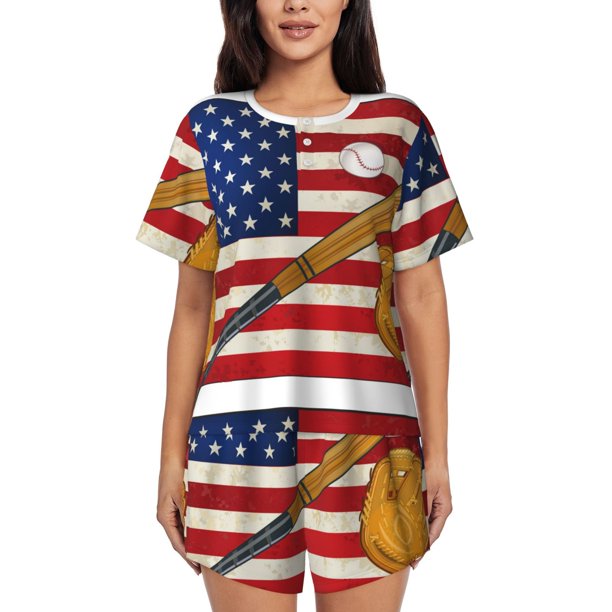Fotbe American Flag And Baseball Conjunto de Pijama Estampado para Mujer, 2 Piezas, Ropa de Dormir con Camiseta de Manga Corta y Shorts Suaves-XX-Large