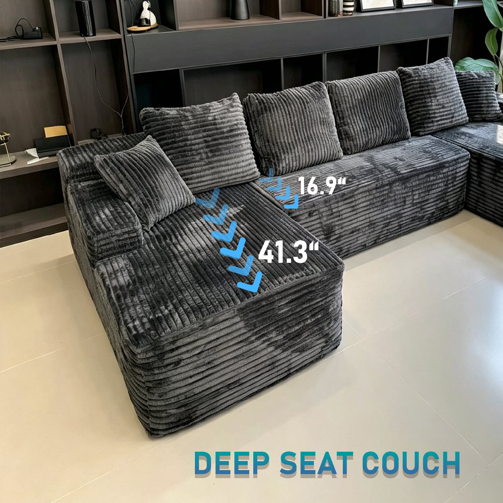 Howcool 131" U‑Shaped Modular Sectional Sofa with Deep Seat Chaise,Corduroy 4‑Seat Boneless Cloud Couch,Compressed Sofa for Living Room,No Assembly Required,Gray