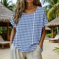 thumbnail image 2 of Women's Gingham Print Tops Crew Neck Short Sleeve Linen T-Shirt Breathable Summer Top for Going Out Vacation Blue XL, 2 of 6