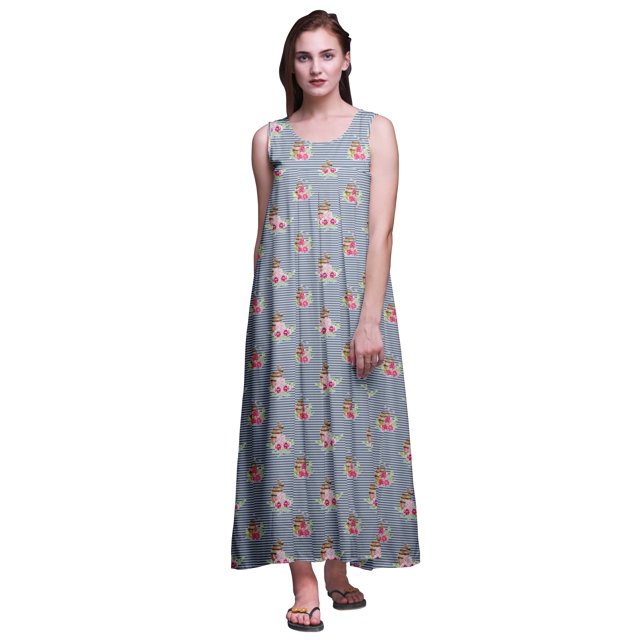 Bimba Robe de Nuit en Rayonne pour Femmes Maxi Imprimée Tenue de Sommeil Robe de Nuit-G