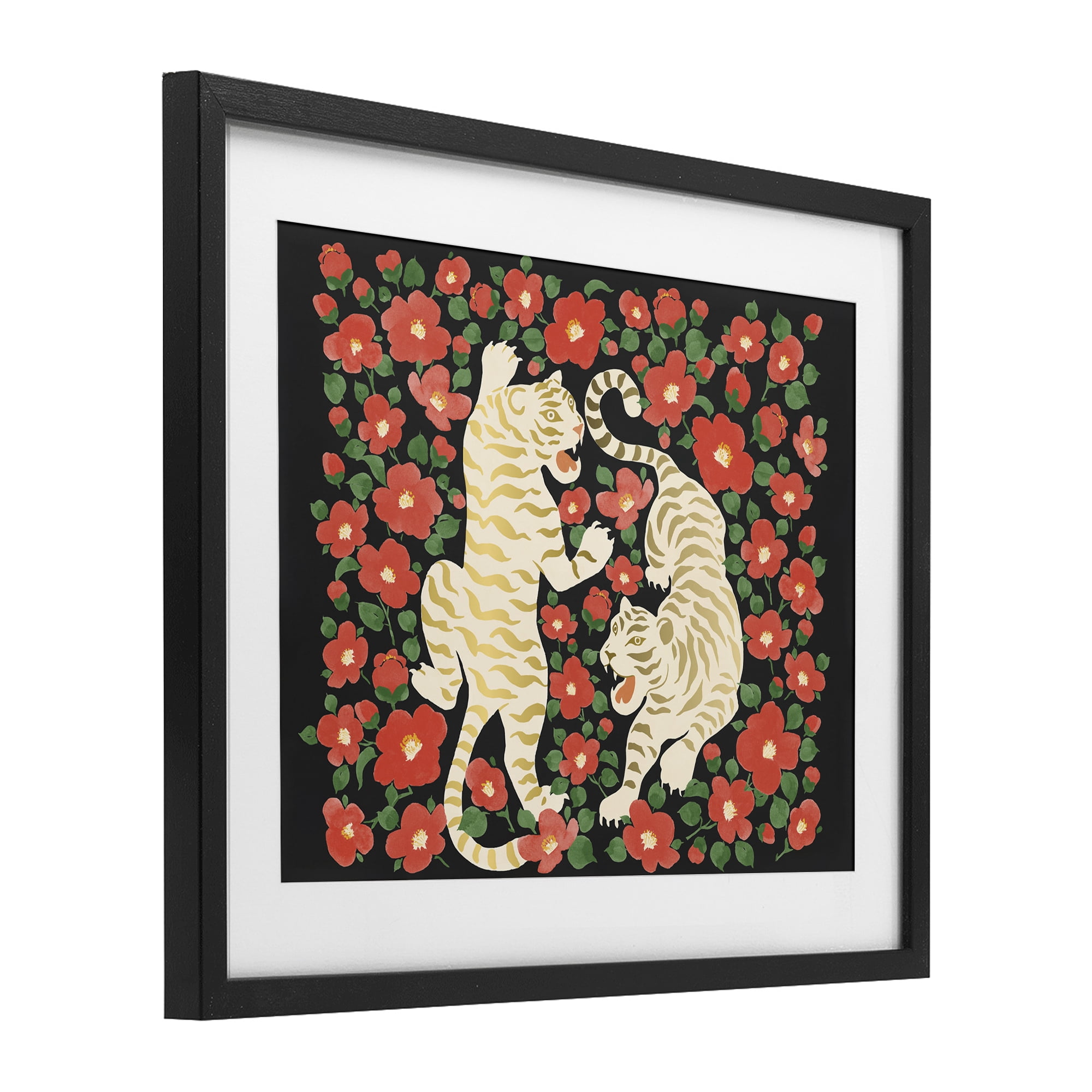 Stupell Industries Ivory Twin Tigers Among Flowers Black Framed Print Under Glass, design by Karolina Sato