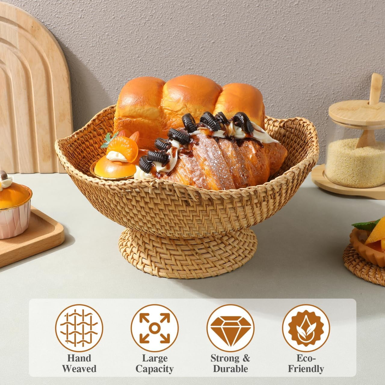 Supbessel Rattan Fruit Bowl, Small Round Wicker Basket, Natural Pedestal Bowl for Fruit Bread Storage Organization, Dining Table Centerpiece, 9.8''x9.8''x5.5''
