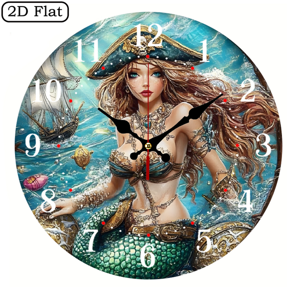 Pirate One-Eyed Mermaid Decorative Plate One, 2D Flat 1pc 10Inch Design Silent Wall Clock - Wooden, Ideal for Living Room, Kitchen, Office Decor, Perfect Christmas Gift