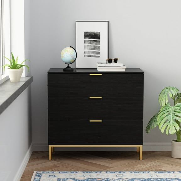 MONSLIPA Vintage Black Bedside Table, 3 Drawer Dresser with Gold Metal Legs for Nightstand,Bedroom