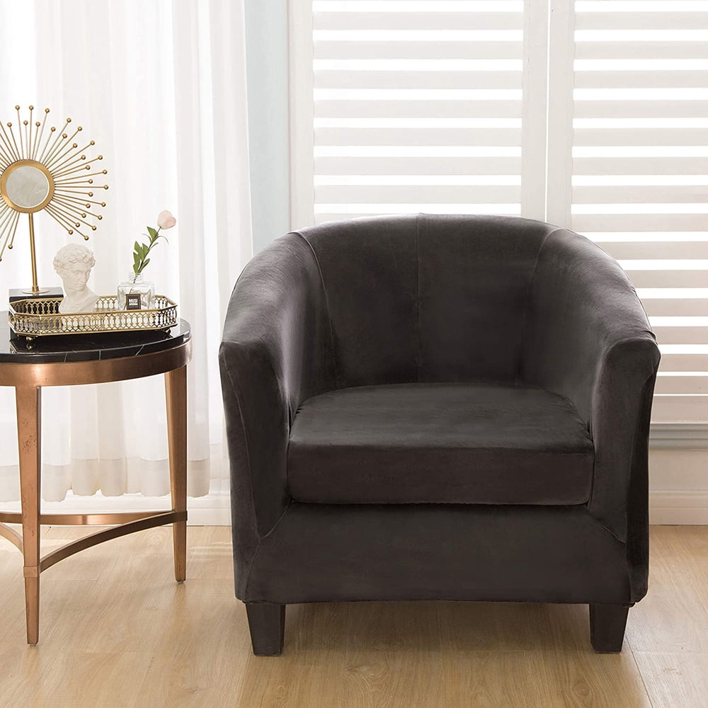 TOPCHANCES 2 Pack Velvet Tub Chair Covers with Separate Cushion Cover, Stretch Armchair Slipcovers Non Slip Sofa Couch Slipcover, Gray