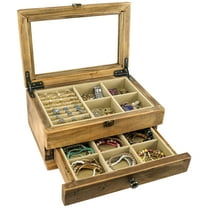 Excello Global Products Jewelry Box: Farmhouse Solid Wood Rustic Distressed Jewelry Organizer. Includes Glass Window and Storage Drawer. - EGP-HD-0404
