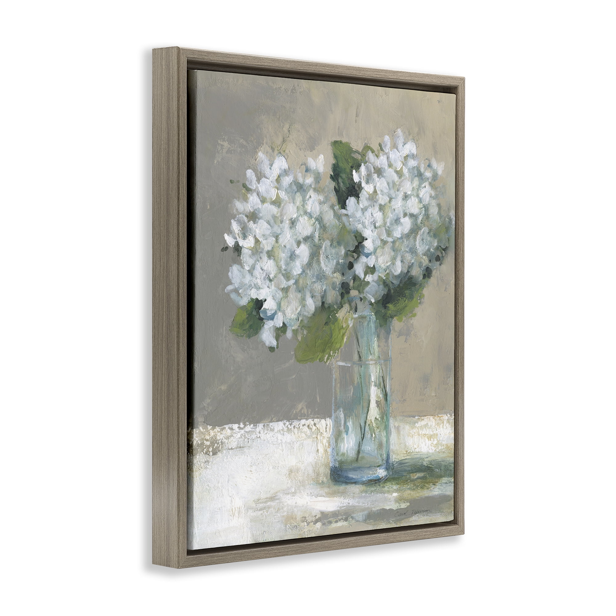 Stupell Industries White Hydrangeas Glass Vase Brown Framed Floater Canvas Wall Art, design by Carol Robinson