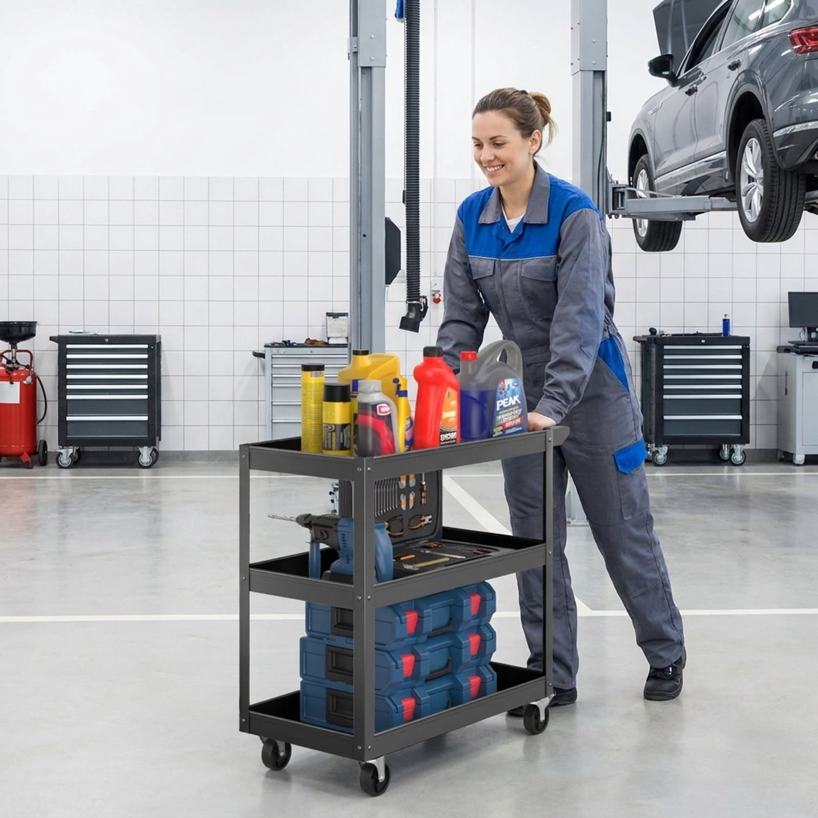 Biotree 3-Tier Metal Utility Cart Tool Trolley Flat Handle 2 Lockable Wheels 400 lbs - Black