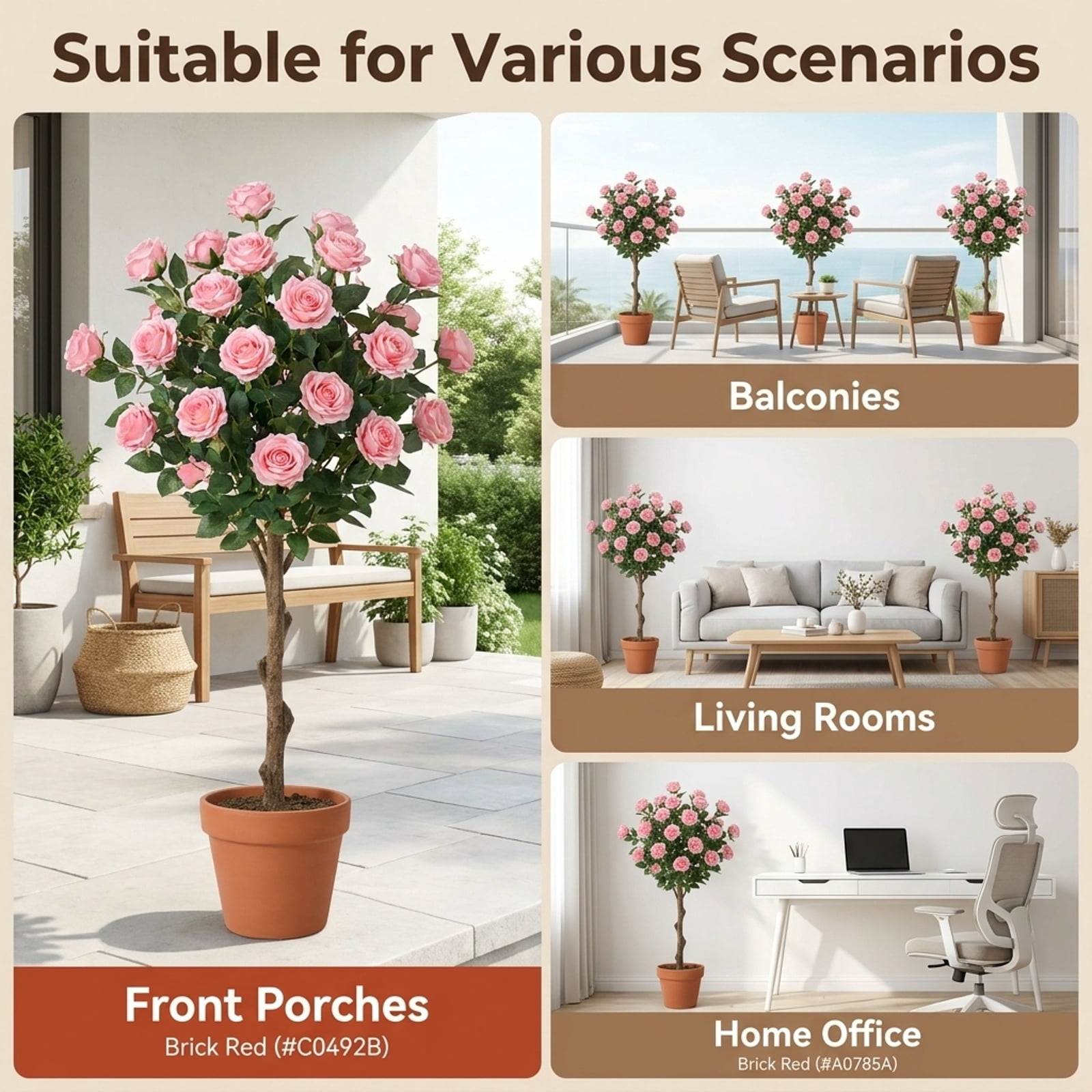 Vebreda Artificial Plant Decor, 35.5" Artificial Rose Tree with Blooming Flowers and Green Leaves for Indoor, Beautiful & Lifelike Rose Tree