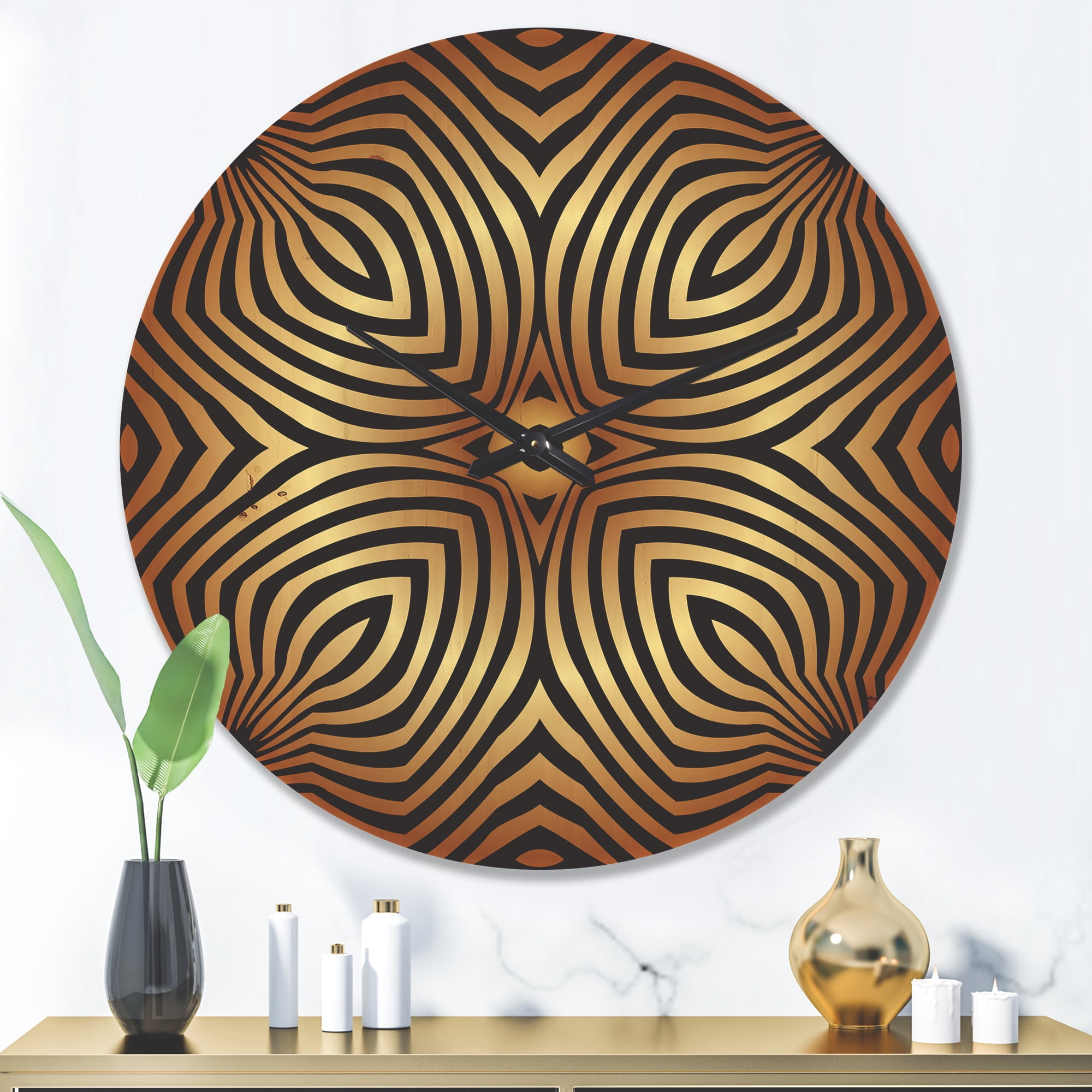Designart 'Gold and Black Convex Symmetrical Ellipse ' Modern Wood Wall Clock