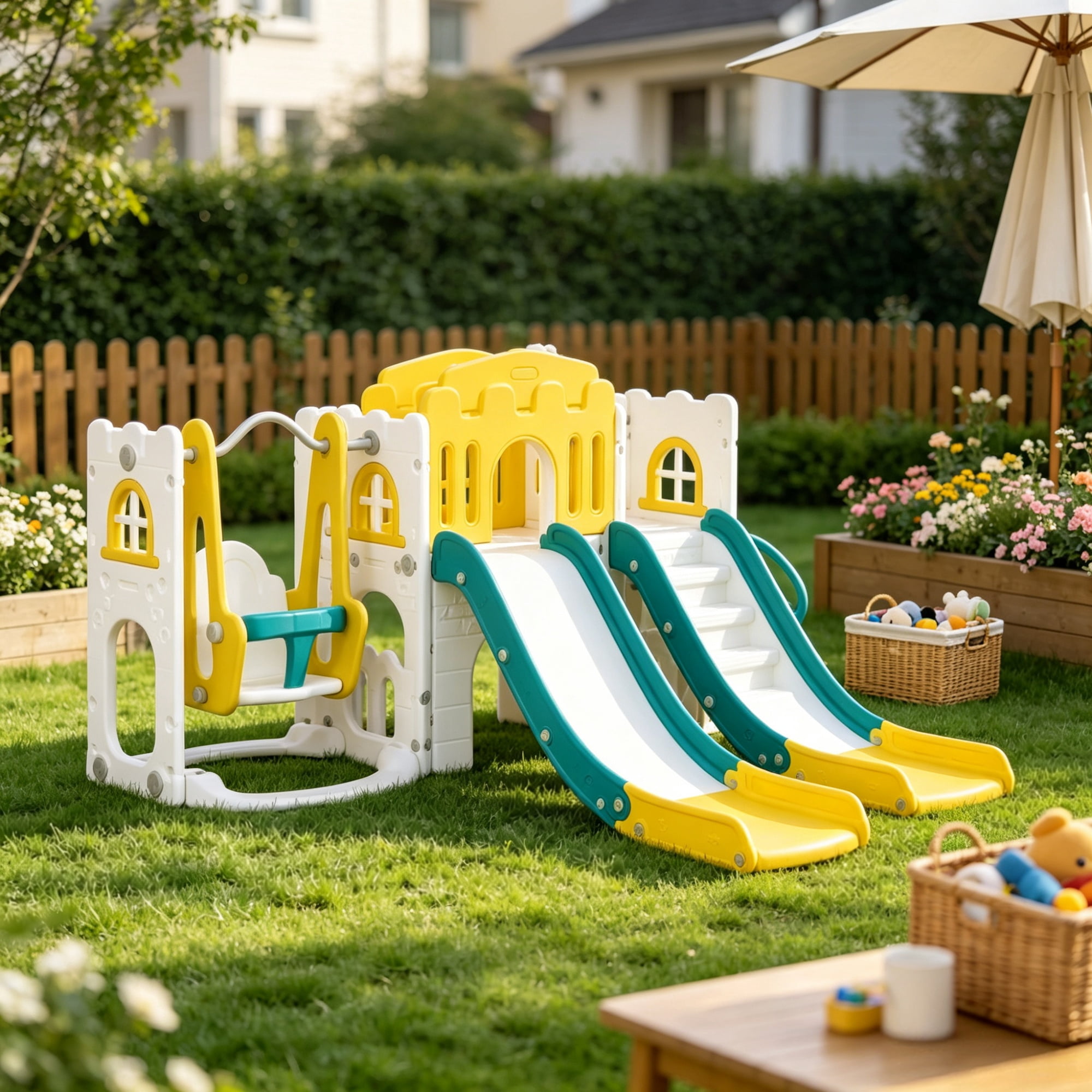 8-in-1 Toddler Playground Set, Slide & Swing, 2 Slides, Basketball Hoop, Climber, Storage Telescope, Yellow
