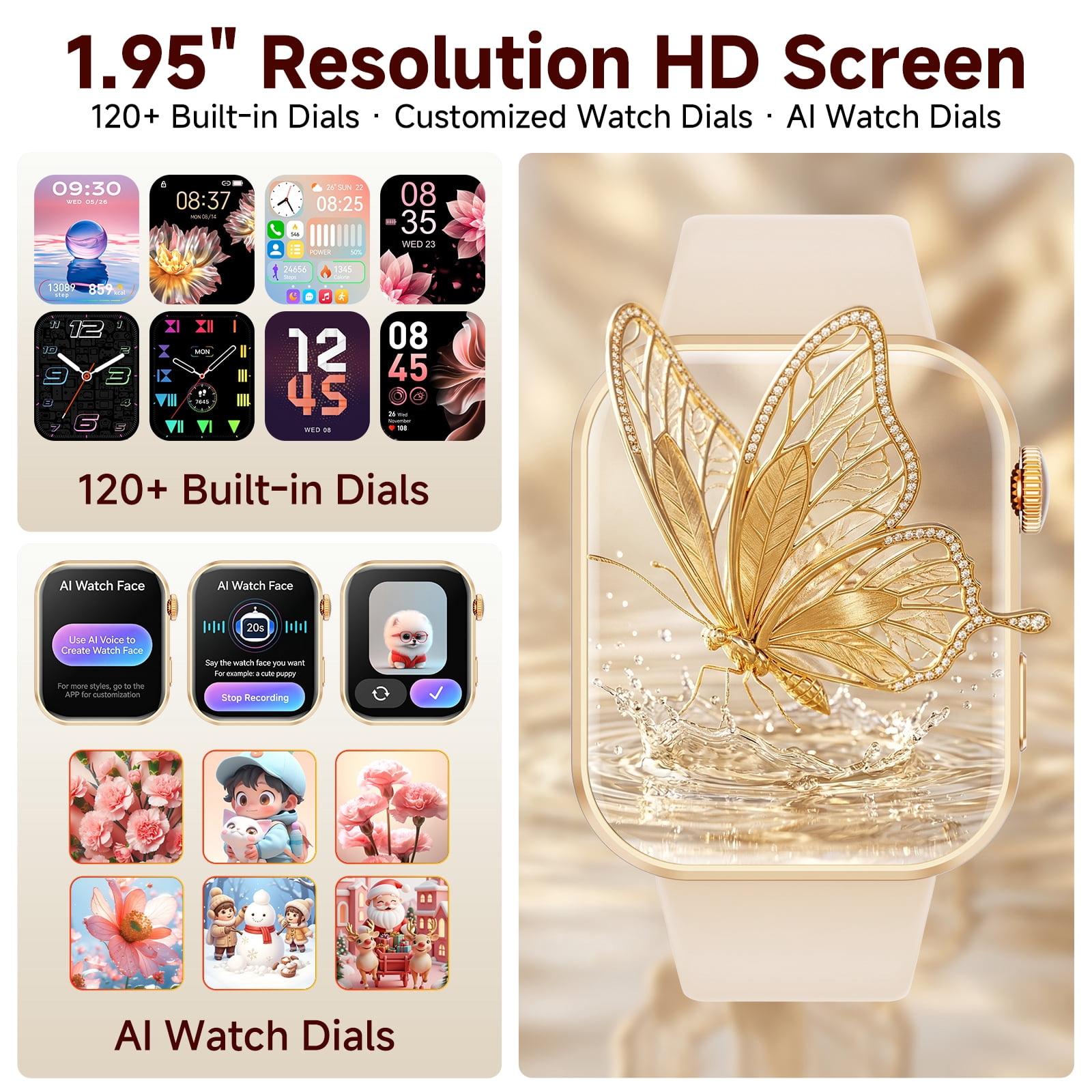 Mingdaln AI Smart Watch (Zinc allo), with ChatGPT , Smartwatch for Android and iphone, 1.95'' with Bluetooth Calls/120+ Sports Modes /Fitness watch, IP68 Waterproof for Women and Men (Pink)