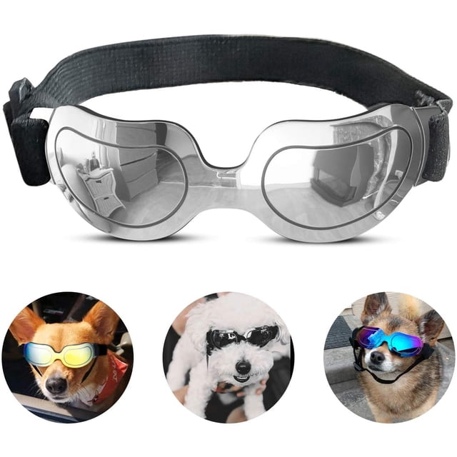 Dog Sunglasses Small Dog Goggles Doggles Dog Glasses for Small Dogs UV Protection Windproof Waterproof Adjustable Band(Silver)