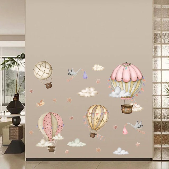 2 piezas de pegatinas de pared con globos aerostáticos, decoración de pared, fácil de pelar, pegatinas de pared de estrellas, pájaros y nubes,