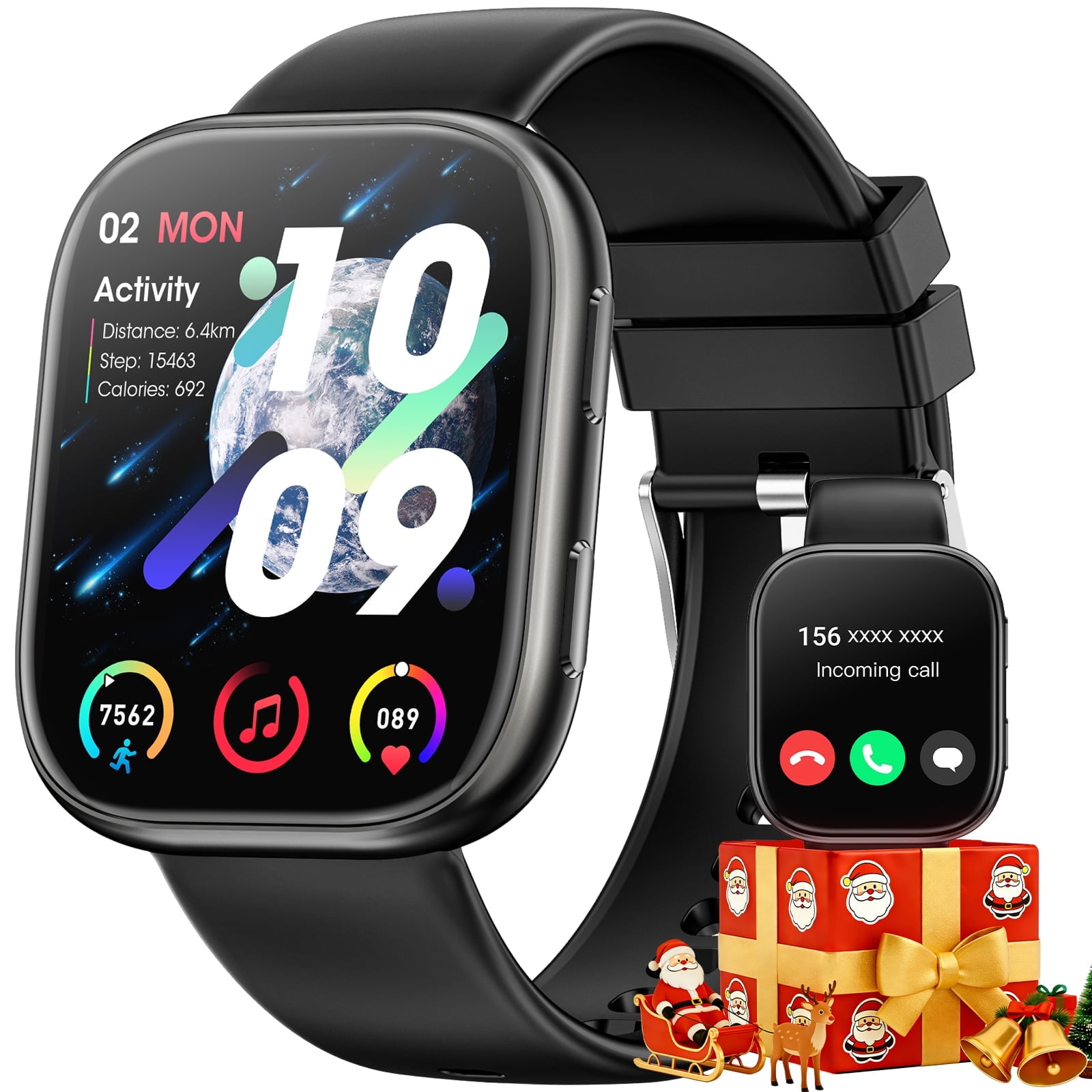 Mingwear 1.85-inch Smart Watch, compatible with Android and iPhone devices, with fitness tracker, answer/make calls/100+ sports modes, IP68 waterproof fitness watch (Black)