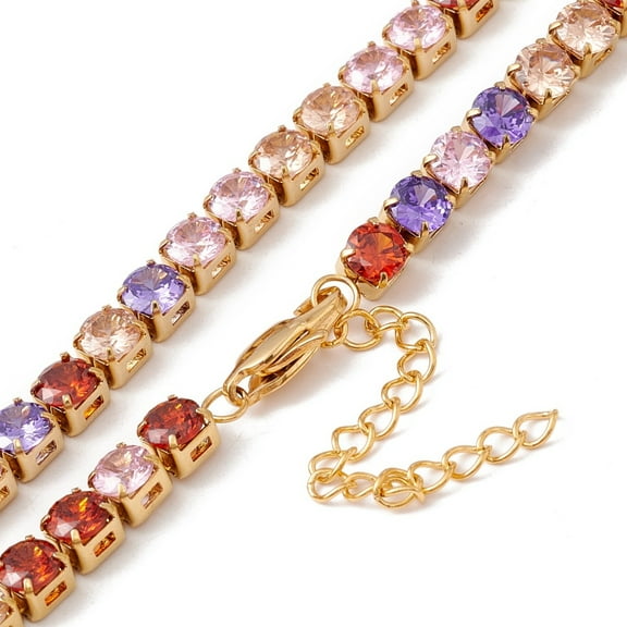2pcs Classic Cubic Zirconia Tennis Necklace PVD Vacuum Plating 304 Stainless Steel Jewelry for Women Golden Colorful 16.65 inch(42.3cm)
