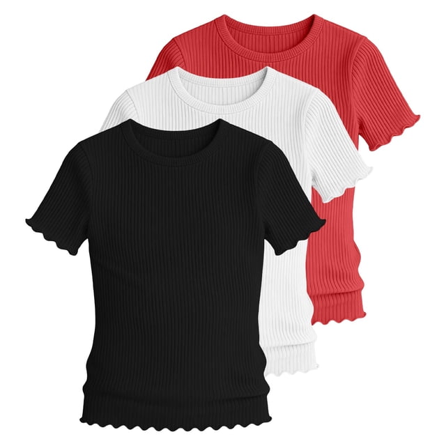 KyCheLot 3 Pack Ribbed Knit Tops for Girls Crew Neck Solid Color Short Sleeve T-Shirts Trendy Ruffle Trim T-Shirts