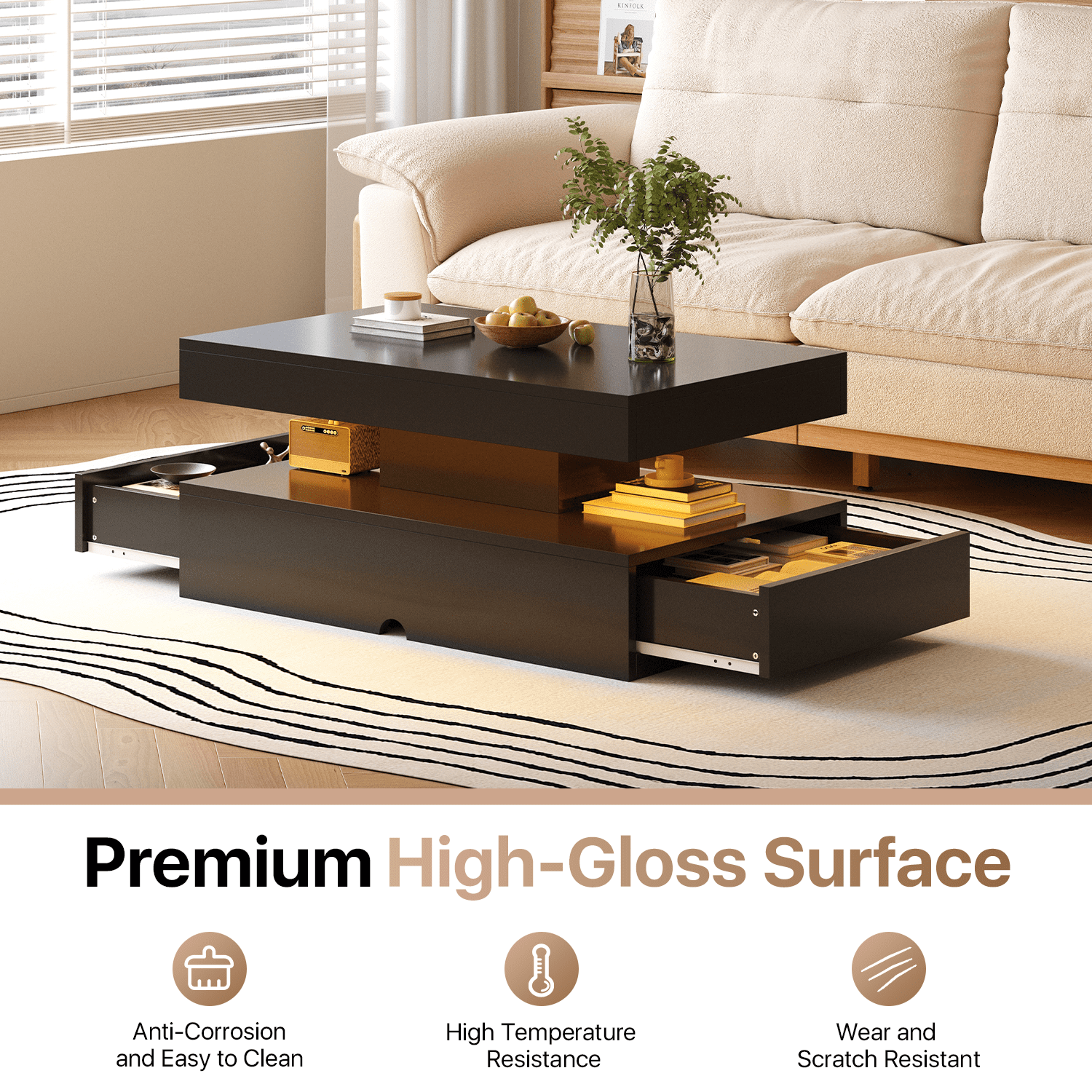 Sonegra 39" High-Glossy LED Coffee Table, Storage Coffee Table with 2 Sliding Drawers for Living Room, Modern Stylish Double-Layer Center Tables with LED Lights, Black