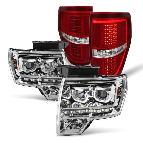 AKKON - For 2009-2014 Ford F150 Dual LED Halo Projector Chrome Headlight   C-Shape Red Strip Tail Lamps