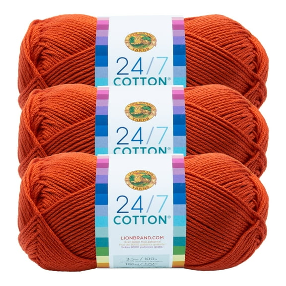 Lion Brand Yarn 24/7 Cotton Tangerine Medium Mercerized Cotton Yarn 3 Pack