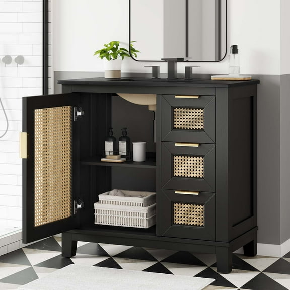 Modway Dixie 36” Solid Wood Bathroom Vanity Cabinet in Black Black