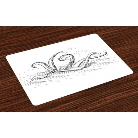 

Kraken Placemats Set of 4 Mythic Legendary Creature Tentacles on the Sea Wave Fantasy Sketchy Illustration Washable Fabric Place Mats for Dining Room Kitchen Table Decor Black White by Ambesonne