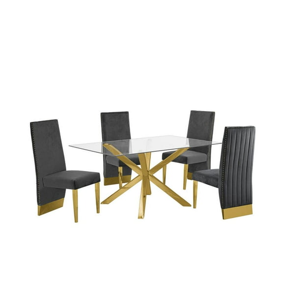 63"x 39" Rectangular Clear Glass 5pc Dining Set with Gold Stainless Steel