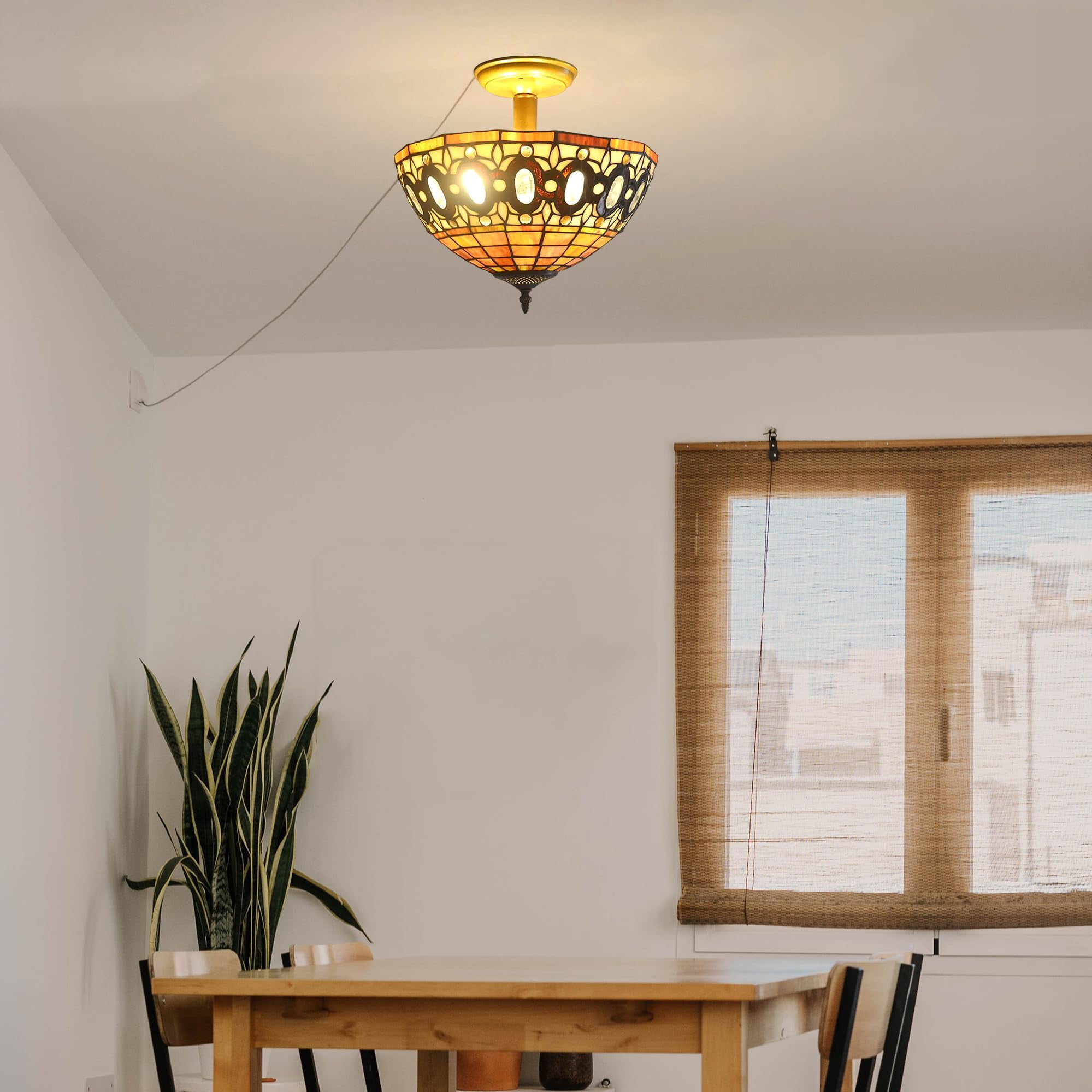 Kiven 13.8in Flush Mount Ceiling Light Fixture Dimmable, 3-Light Anti Glare Close to Ceiling Light with 15FT Plug-in Cord, Tiffany-Style Glass Chandelier for Bedroom Kitchen Hallway(No.3205)