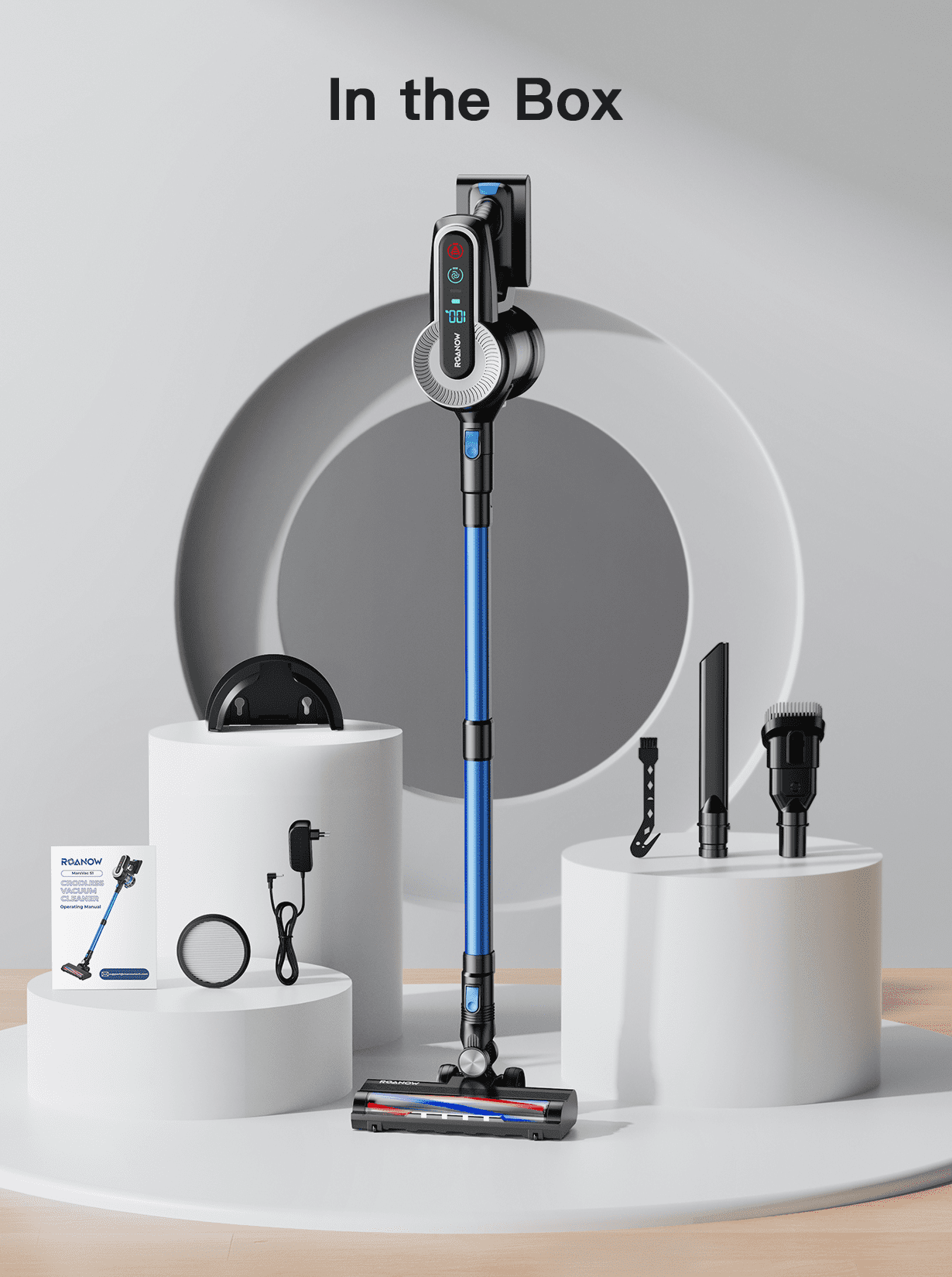 Roanow Cordless Vacuum Cleaner, 38KPA/55Mins with Display Stick Vacuum for Home Hardwood Floor Carpet Pet