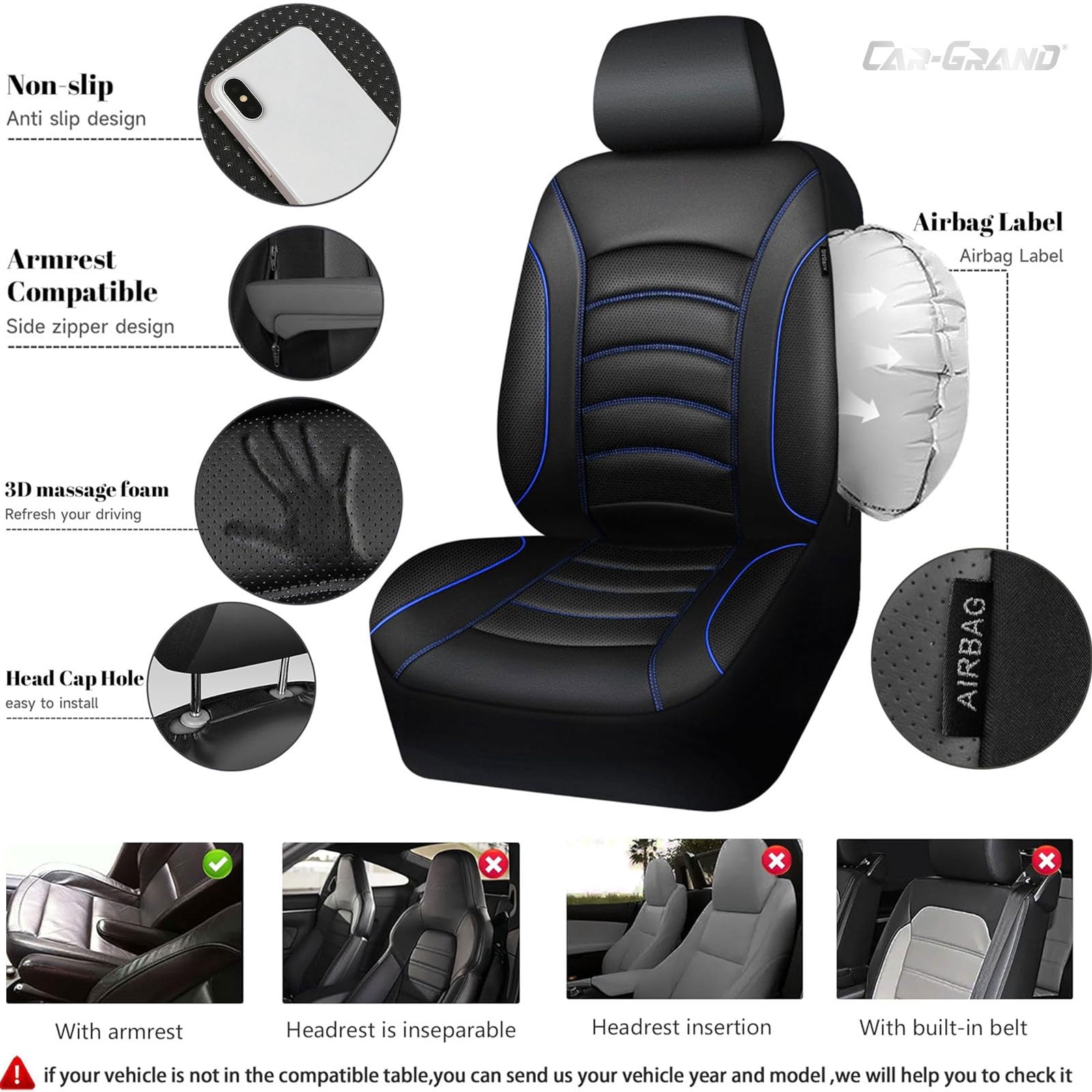 CAR GRAND PU Leather Car Seat Covers, Universal Fit Front Pair for Trucks SUV Sedan Automotive Seat Protectors Armrest Airbag Compatible Waterproof 3D Foam Comfortable Faux Nappa Leather Blue  Piping