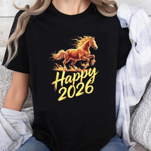 100% Cotton Happy 2026 Year Of The Horse Fire Horse Design Festive New Year Celebration Graphic T-Shirt