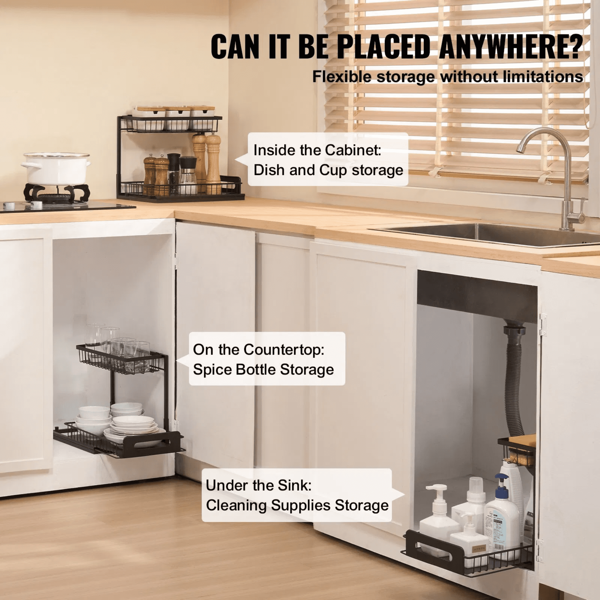 2 Tier Pull Out Cabinet Organizer, 10.7” W x 14.2” D Under Sink Slide Out Drawer, Wire Basket Sliding Shelf for Kitchen & Bathroom Cabinet Storage