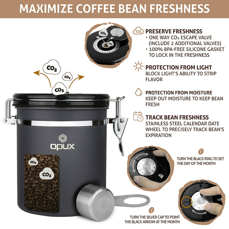 Coffee Gator Stainless Steel Canister - Medium 16oz, Silver Coffee Grounds  and Beans Container with Date-Tracker, CO2-Release Valve, and Measuring