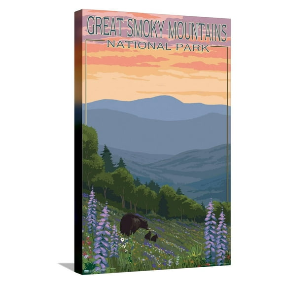 Lantern Press - Great Smoky Mountains National Park, Bear and Spring Flowers Canvas Wall Poster, 14.725" x 22.375"